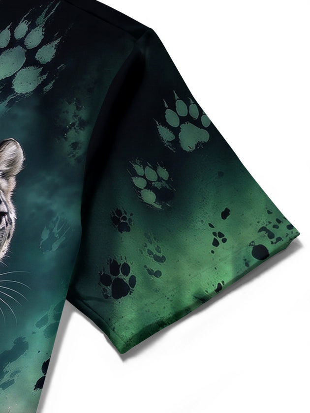 Adaychic Men's Snow Leopard Walking Print Short Sleeve Stand Collar Shirt with Chest Pocket