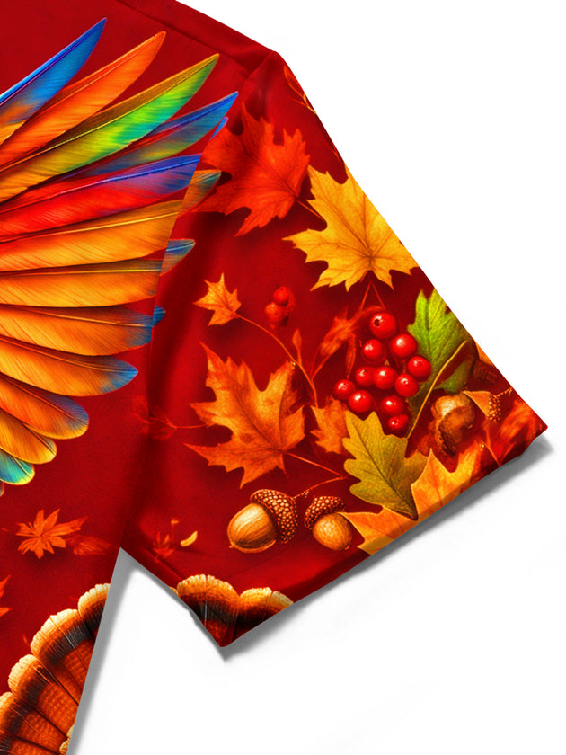 Adaychic Men's Short Sleeve Stand Collar Shirt - Thanksgiving Colorful Parrot And Turkeys With Autumn Leaves Print with Chest Pocket