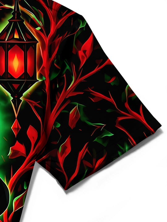 Adaychic Men's Short Sleeve Shirt - Halloween Black Cat With Green Moon And Red Lanterns Print with Chest Pocket