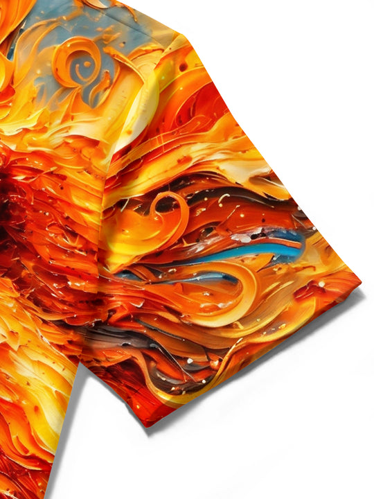 Adaychic Men's Wolf Head With Fire And Water Swirls Print Short Sleeve Shirt with Chest Pocket