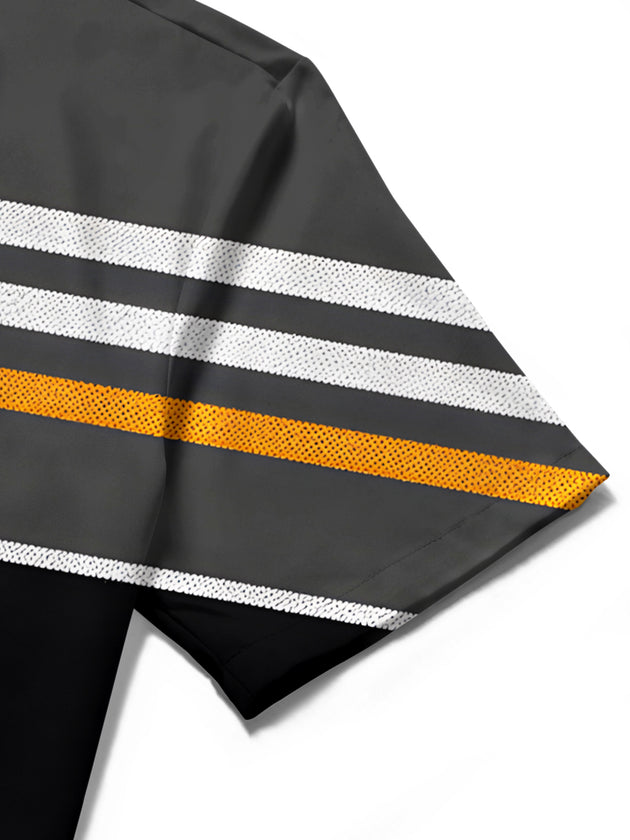 Men's black geometric stripe short sleeve shirt close-up detail view