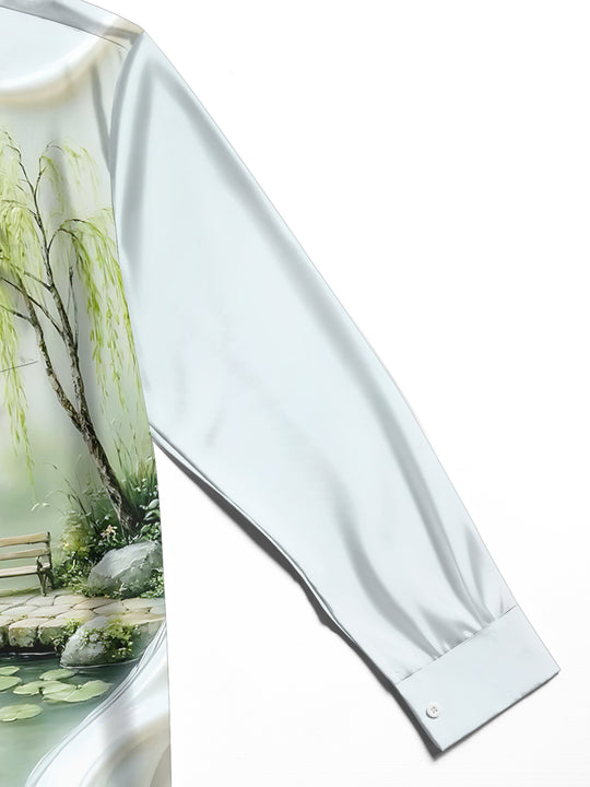 Adaychic Men's Printed Lotus Pond Landscape Print Long Sleeve Shirt with Chest Pocket
