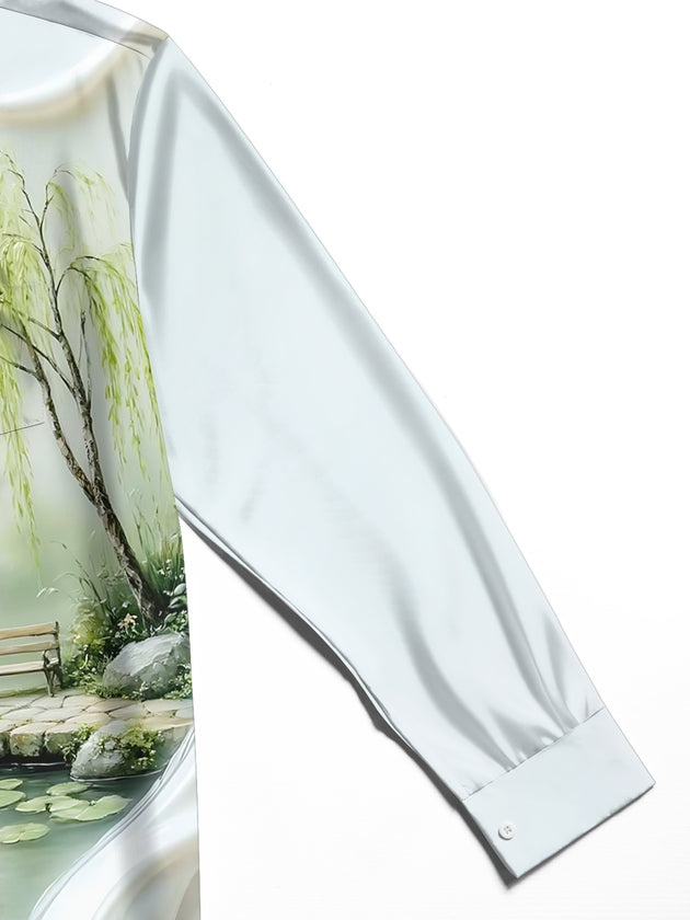 Adaychic Men's Printed Lotus Pond Landscape Print Long Sleeve Shirt with Chest Pocket
