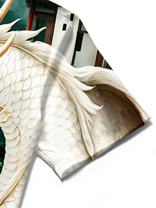 men's dragon print shirt close-up short sleeve