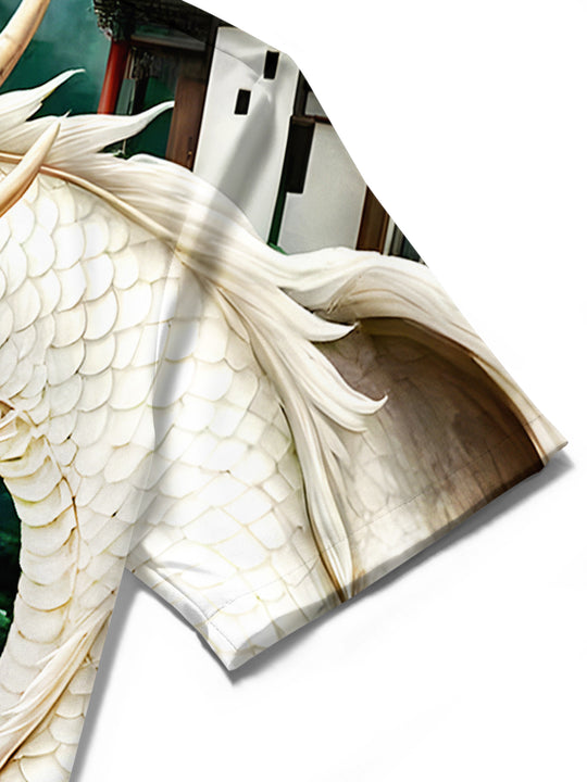 men's dragon print shirt close-up short sleeve