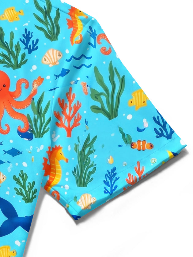 Adaychic Men's Marine Life And Ocean Creatures Print Short Sleeve Shirt with Chest Pocket