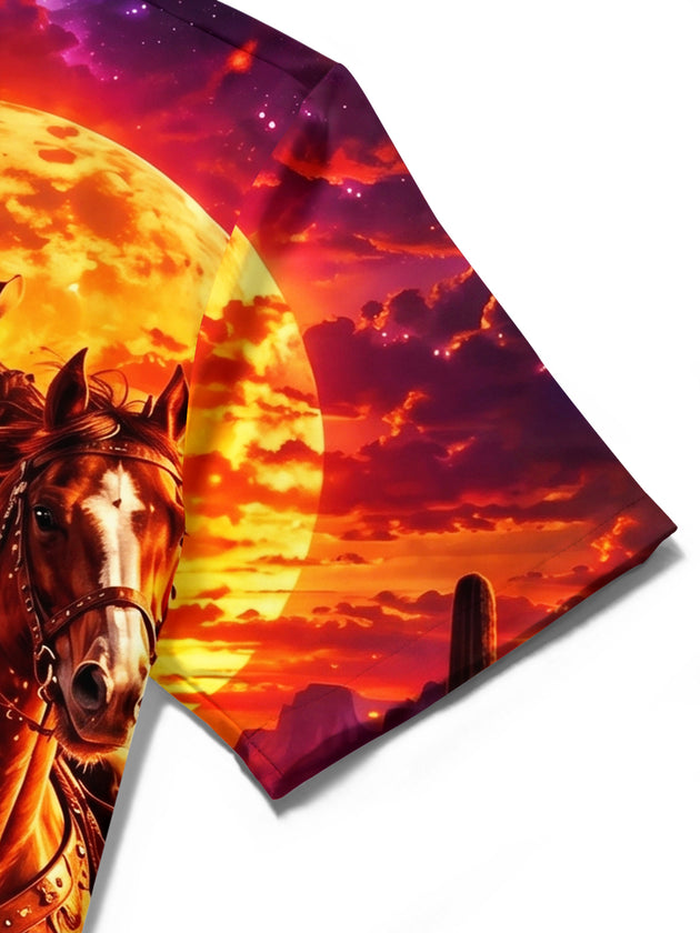 Adaychic Men's Printed Cowboy On Horse Print Short Sleeve Shirt with Chest Pocket