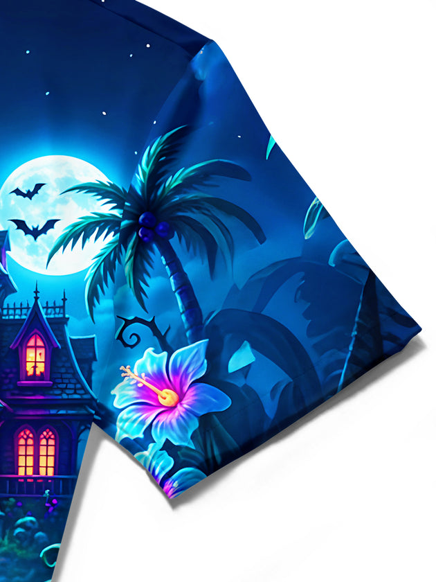 Adaychic Men's Short Sleeve Shirt - Halloween Parrot Playing Banjo And Pumpkins Print with Chest Pocket
