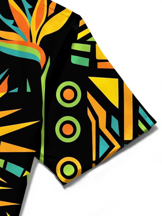 Adaychic Men's Hawaiian Geometric Palm Tree Print Short Sleeve Shirt with Chest Pocket