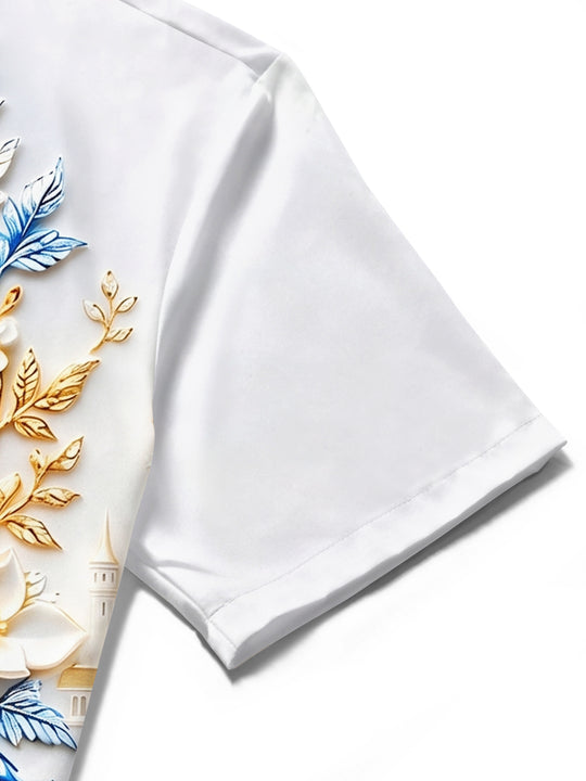 Adaychic Men's Printed Peacock Print Floral Relief Print Short Sleeve Shirt with Chest Pocket
