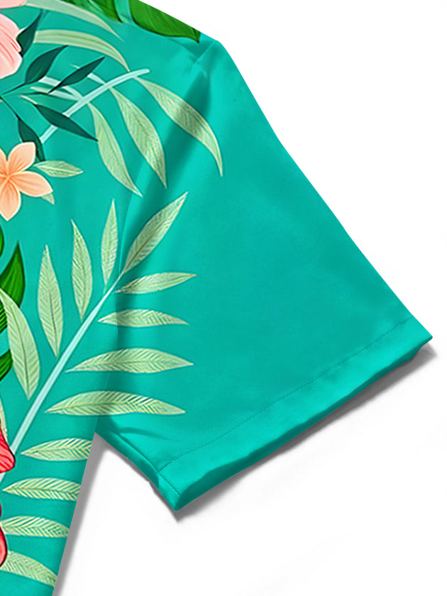 Men's blue floral Hawaiian short sleeve shirt close-up detail view