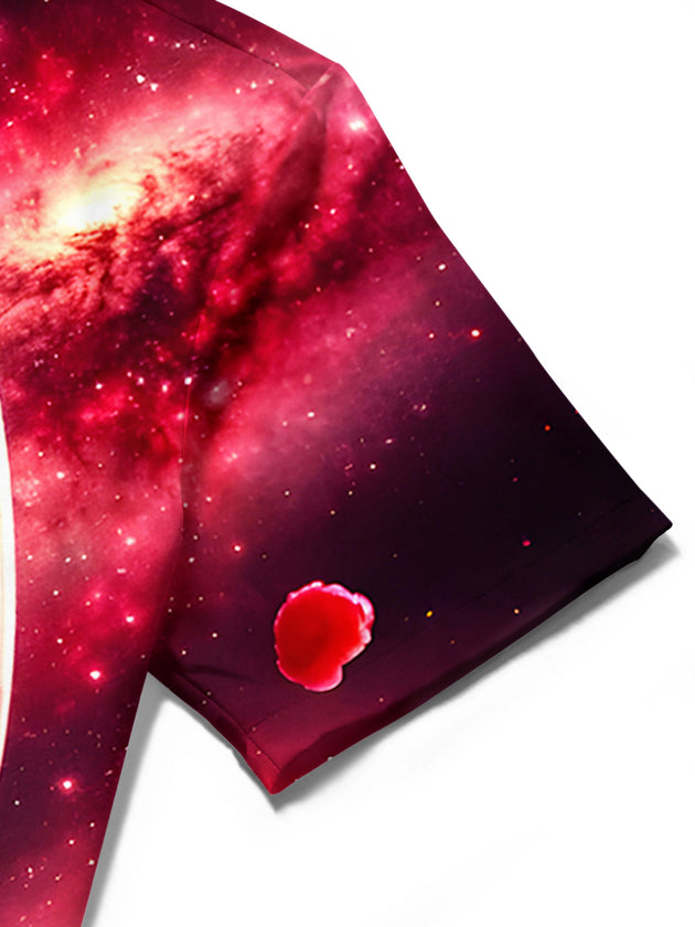 Men's tropical fruit print short sleeve shirt close-up fabric texture detail