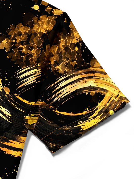 Adaychic Men's Short Sleeve Shirt - Abstract Gold And Black Swirls With Splatters Print with Chest Pocket