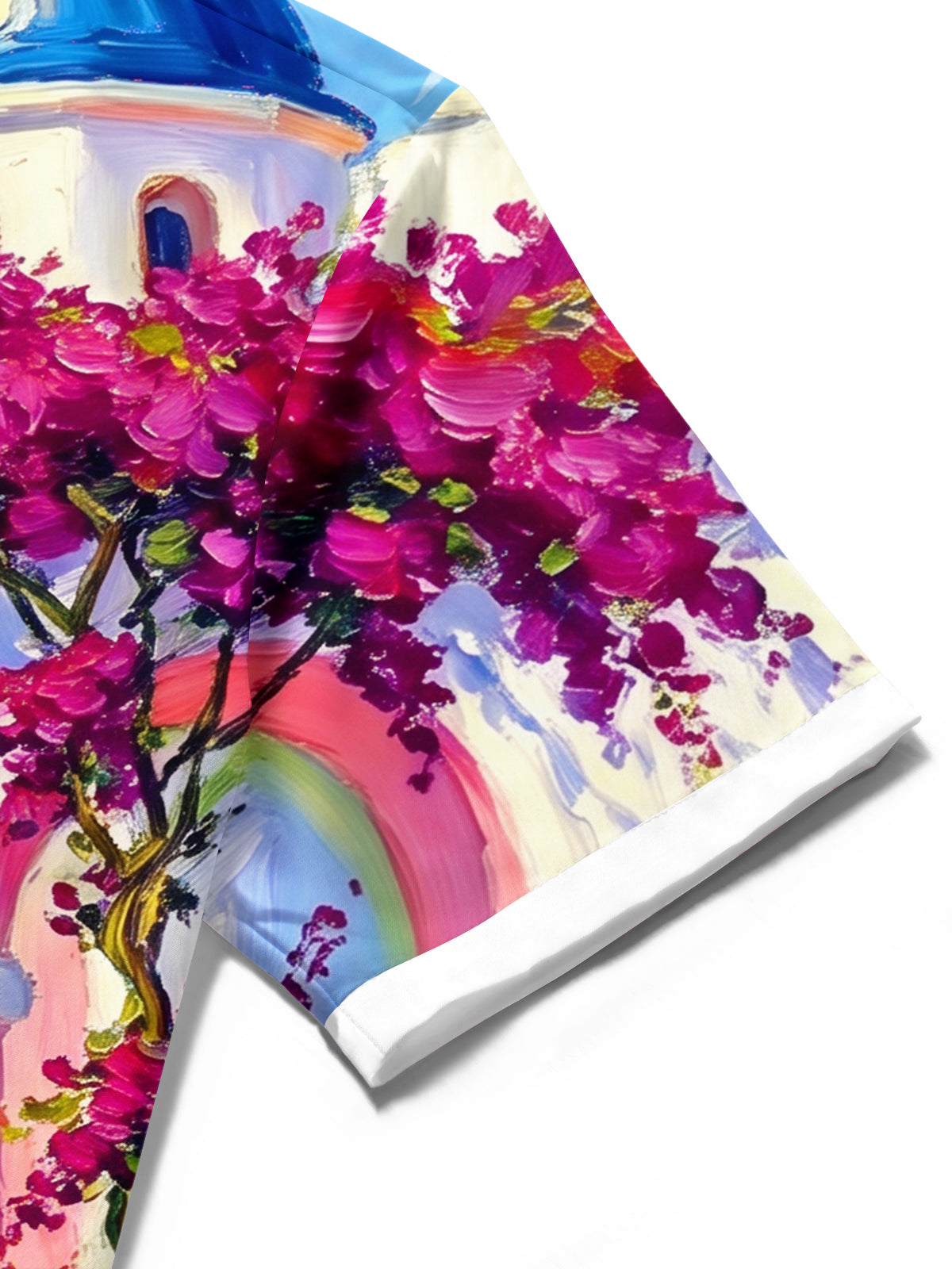Adaychic Men's Short Sleeve Shirt - Mediterranean Scenery With Blue Domes And Bougainvillea Print with Chest Pocket