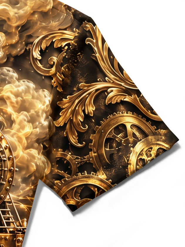 Adaychic Men's Vintage Steam Train And Pocket Watch Print Short Sleeve Shirt with Chest Pocket