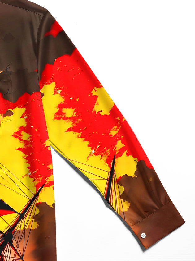 Adaychic Men's Printed Sailing Ship Sunset Print Long Sleeve Shirt with Chest Pocket