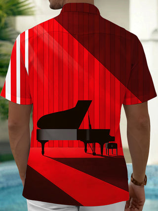 Adaychic Men's Printed Piano Silhouette Print Short Sleeve Shirt with Chest Pocket