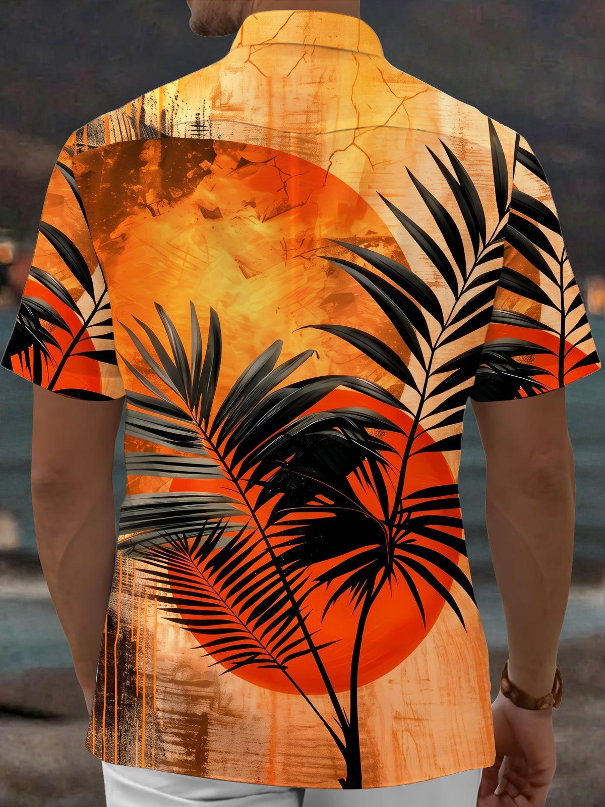 Adaychic Men's Hawaiian Palm Leaf Sunset Print Short Sleeve Shirt with Chest Pocket