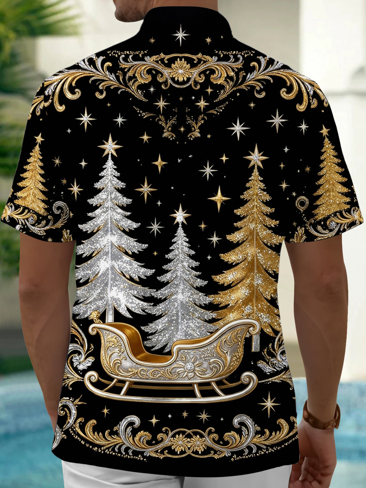 Adaychic Men's Christmas Sleigh And Christmas Trees Print Short Sleeve Shirt with Chest Pocket
