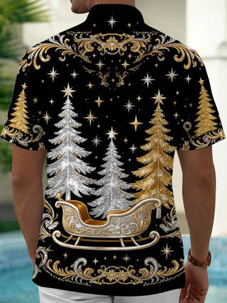 Adaychic Men's Christmas Sleigh And Christmas Trees Print Short Sleeve Shirt with Chest Pocket