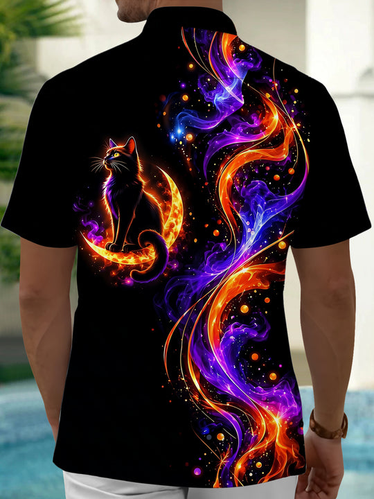 Adaychic Men's Halloween Black Cat On Crescent Moon Print Short Sleeve Shirt with Chest Pocket