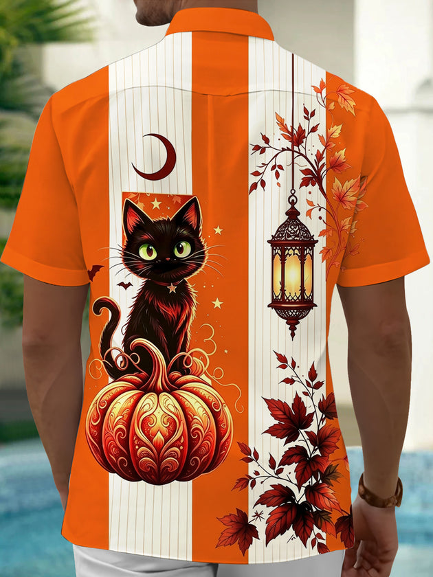 Adaychic Men's Graphic Halloween Black Cat And Pumpkin Print Short Sleeve Shirt with Chest Pocket