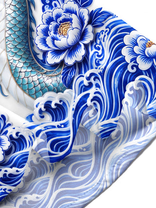 Adaychic Men's Printed Blue And White Porcelain Dragon Print Short Sleeve Shirt with Chest Pocket