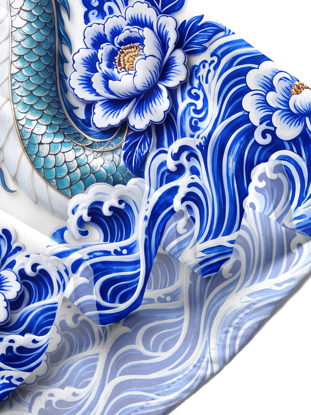 Adaychic Men's Printed Blue And White Porcelain Dragon Print Short Sleeve Shirt with Chest Pocket