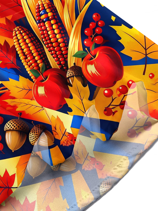 Adaychic Men's Short Sleeve Stand Collar Shirt - Thanksgiving Turkey And Harvest Elements Print with Chest Pocket