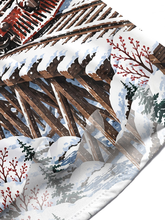 Adaychic Men's Short Sleeve Shirt - Vintage Steam Train In Snowy Mountain Landscape Print with Chest Pocket