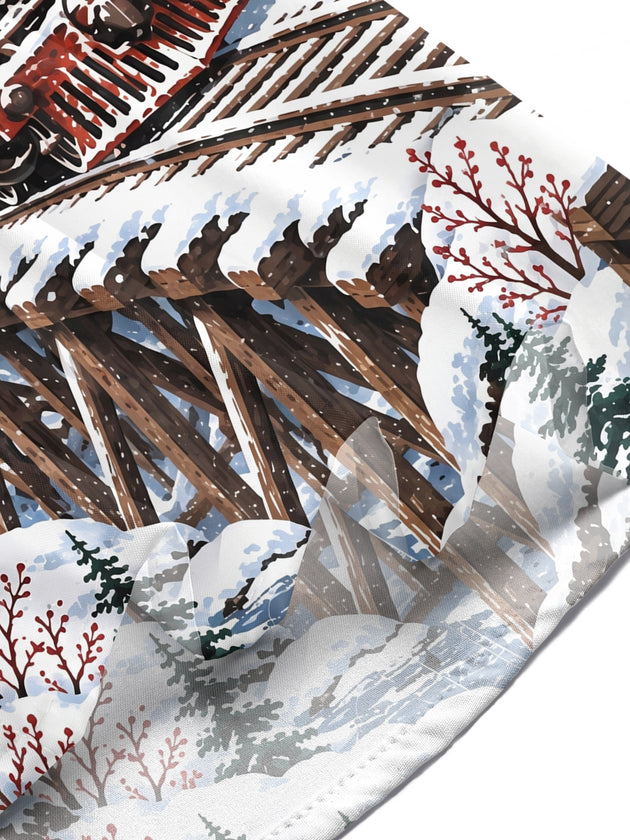 Adaychic Men's Short Sleeve Shirt - Vintage Steam Train In Snowy Mountain Landscape Print with Chest Pocket