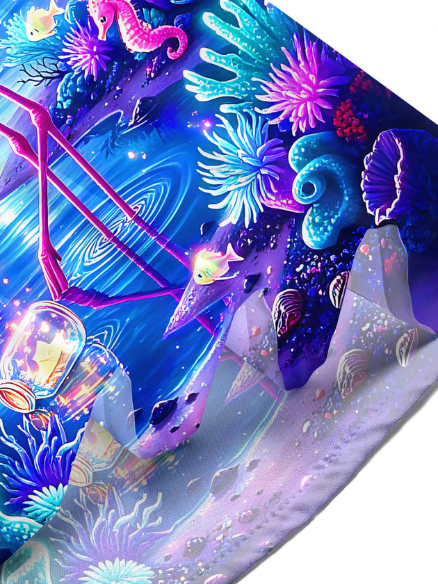 Adaychic Men's Short Sleeve Shirt - Purple Flamingo And Underwater Fantasy Scene Print with Chest Pocket