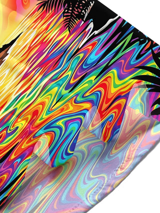Adaychic Men's Short Sleeve Shirt - Psychedelic Rainbow Sunset With Palm Trees And Beach Huts Print with Chest Pocket