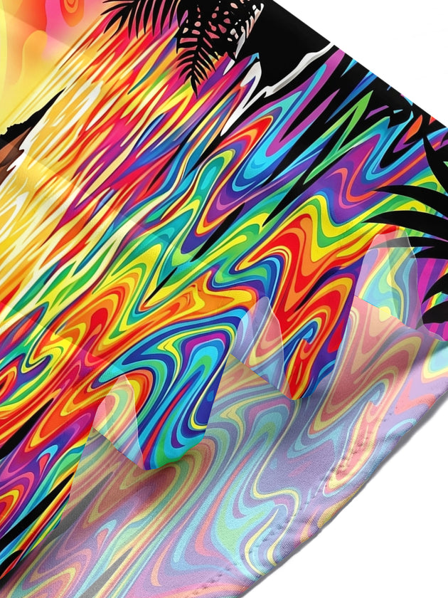 Adaychic Men's Short Sleeve Shirt - Psychedelic Rainbow Sunset With Palm Trees And Beach Huts Print with Chest Pocket