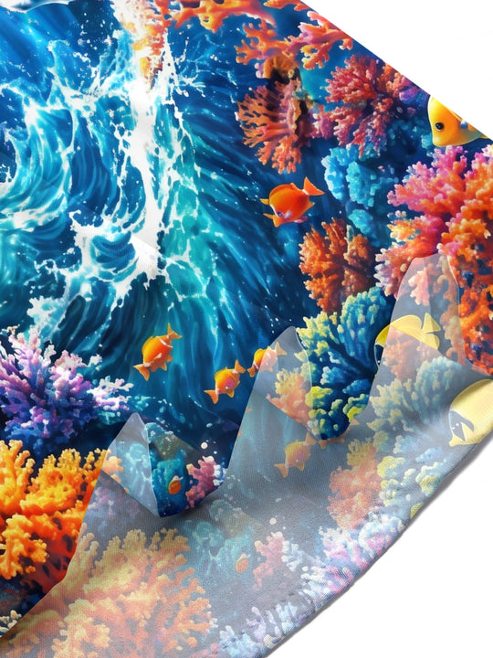 Adaychic Men's Hawaiian Blue Whale And Coral Reef Print Short Sleeve Shirt with Chest Pocket