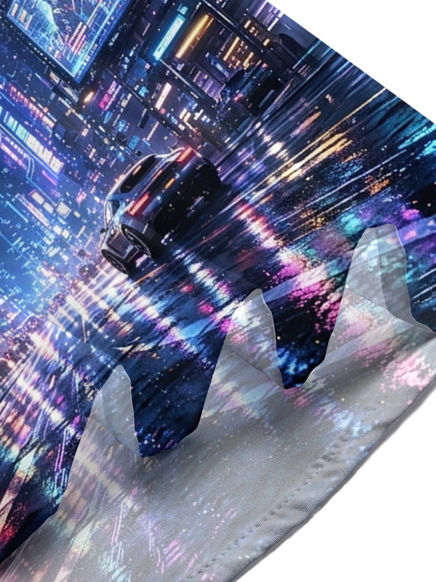 Adaychic Men's Cyberpunk Cityscape With Mechanical Eye Print Short Sleeve Shirt with Chest Pocket