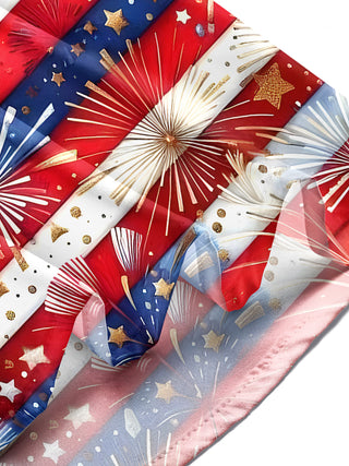 Men wearing American flag print short sleeve shirt at outdoor barbecue Independence Day