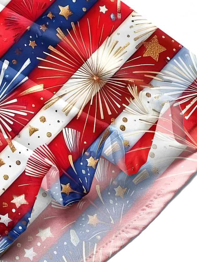 Men wearing American flag print short sleeve shirt at outdoor barbecue Independence Day
