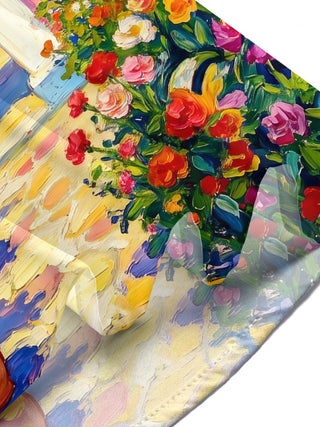Adaychic Men's Short Sleeve Shirt - Mediterranean Scenery With Blue Domes And Bougainvillea Print with Chest Pocket