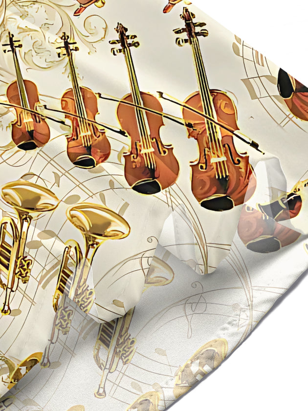 Adaychic Men's Vintage Style Musical Instruments Pattern Short Sleeve Shirt with Chest Pocket