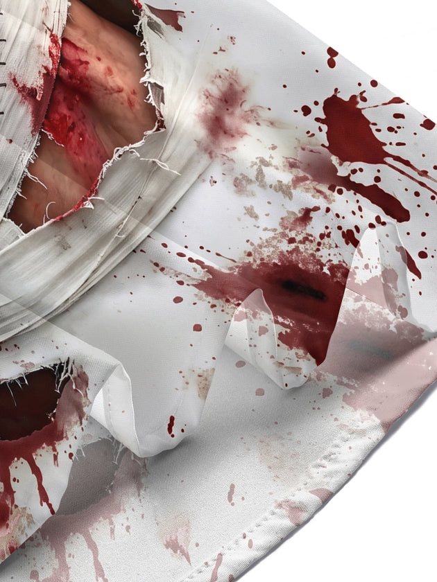 Adaychic Men's Short Sleeve Shirt - Halloween Zombie Bandage And Blood Splatter Print with Chest Pocket