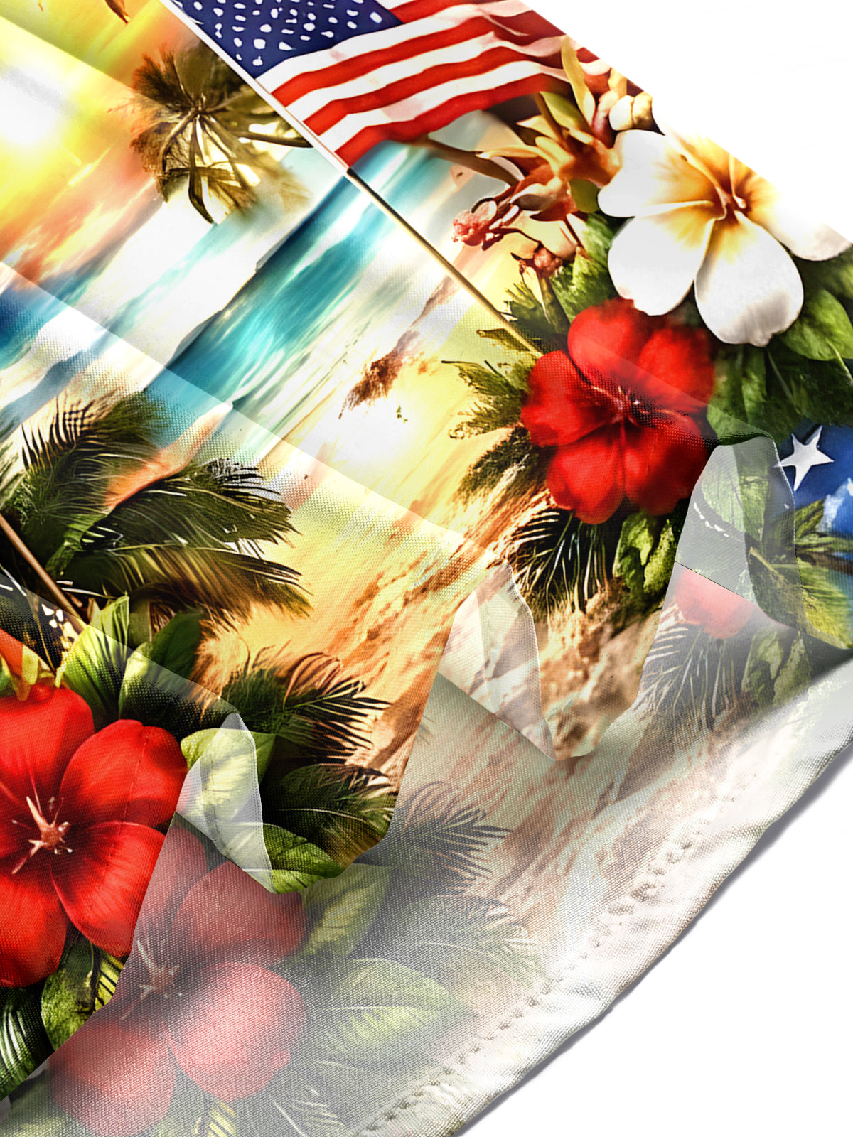 Men in American flag print short sleeve shirt, lifestyle photo for Independence Day celebration