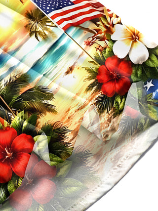 Men in American flag print short sleeve shirt, lifestyle photo for Independence Day celebration