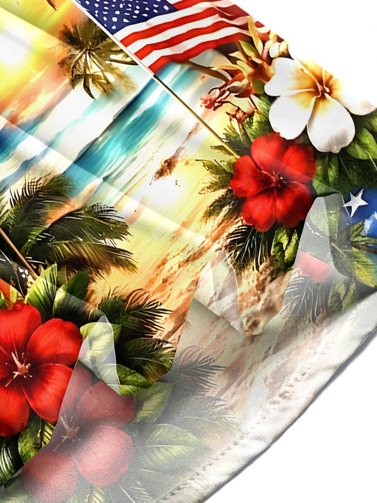 Men in American flag print short sleeve shirt, lifestyle photo for Independence Day celebration