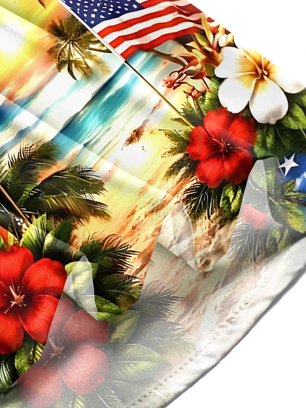 Men in American flag print short sleeve shirt, lifestyle photo for Independence Day celebration
