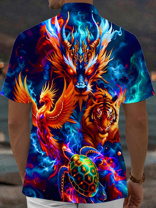 Adaychic Men's Graphic 3D Dragon Tiger Phoenix Turtle Print Short Sleeve Button Down Shirt with Chest Pocket