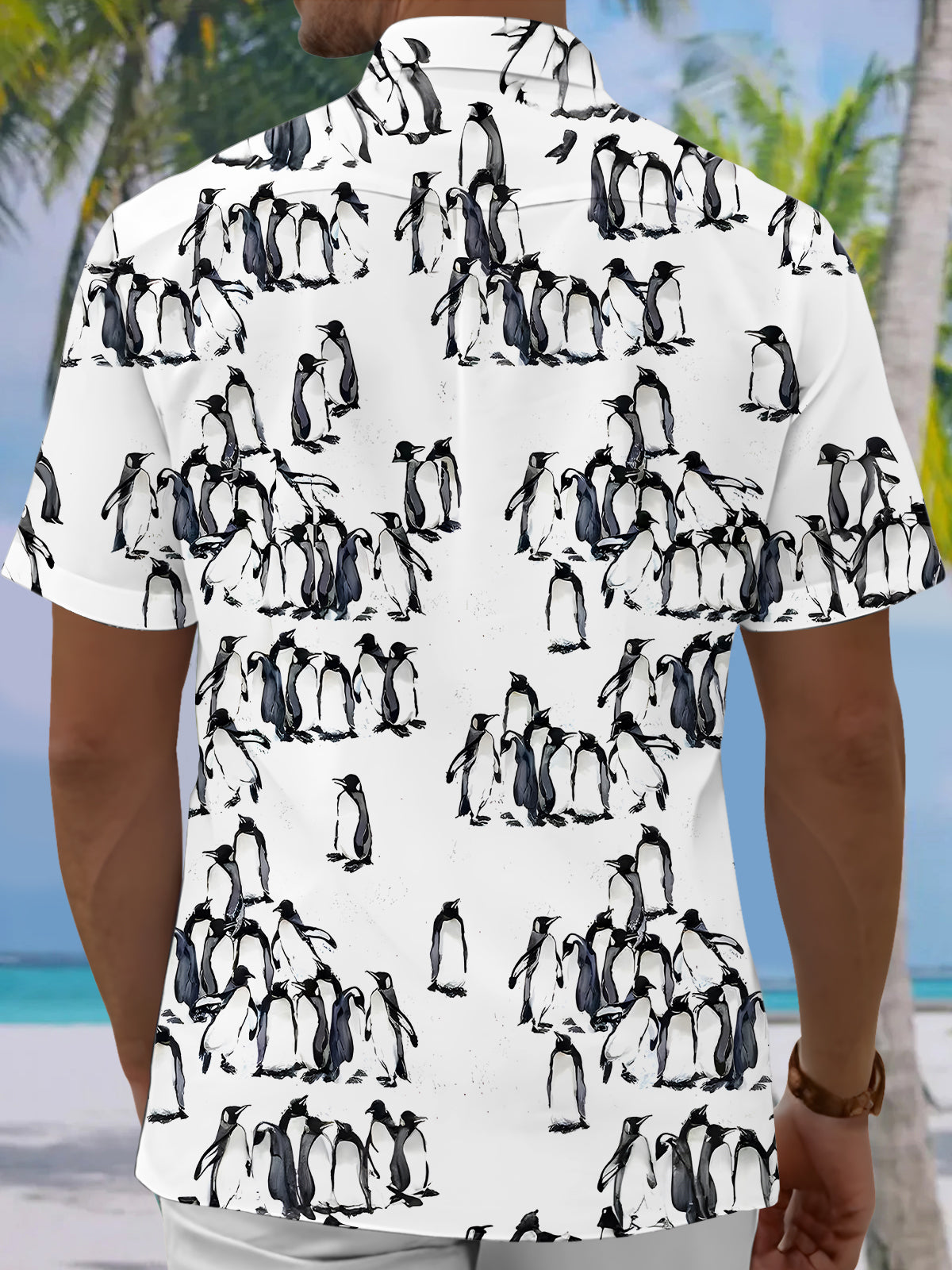Men's black penguin print short sleeve shirt back view