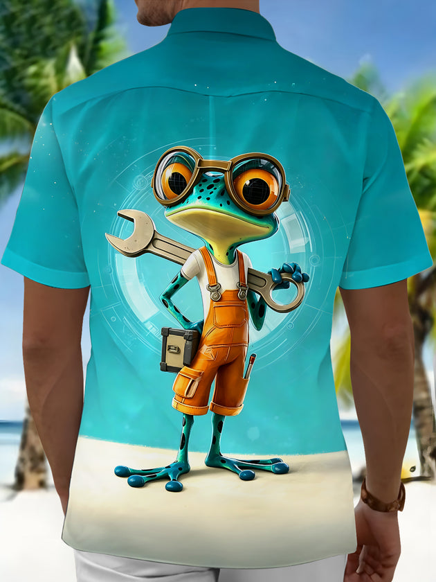 Adaychic Men's Graphic Mechanic Frog Print Short Sleeve Shirt with Chest Pocket