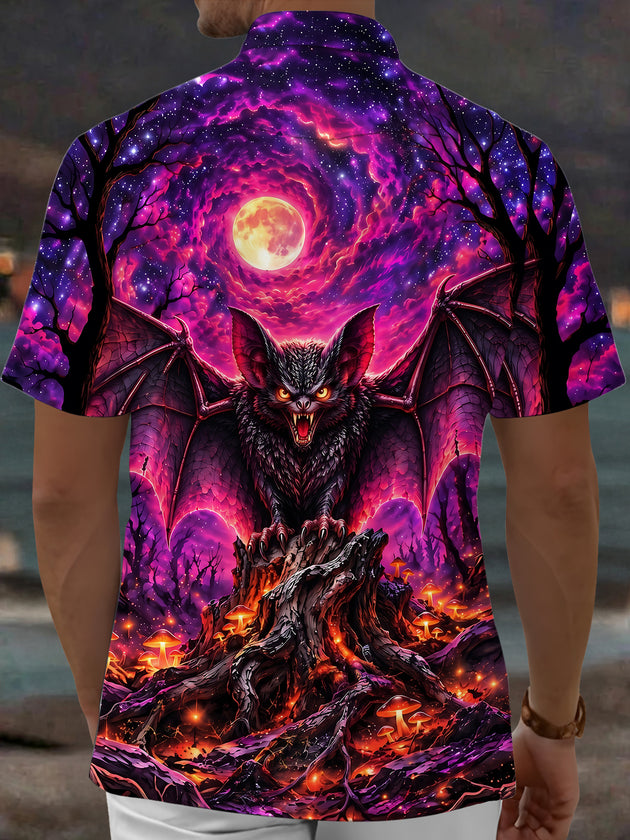 Adaychic Men's Halloween Bat And Glowing Mushrooms Print Short Sleeve Shirt with Chest Pocket