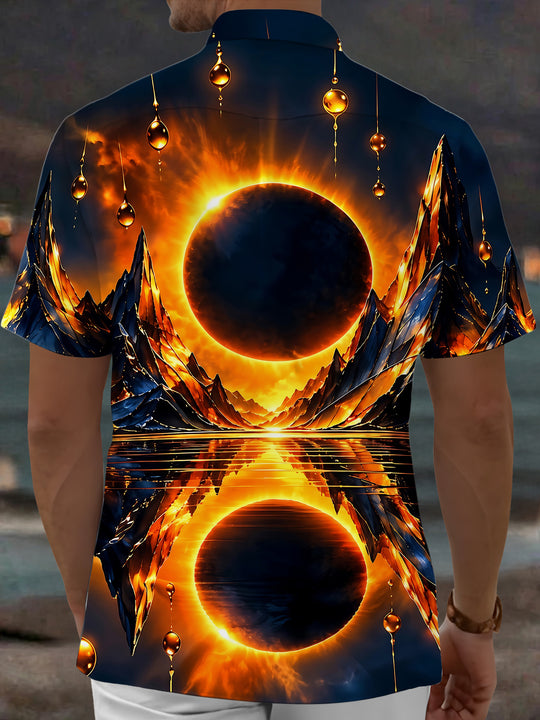 Adaychic Men's Eclipse Mountains And Water Reflection Print Short Sleeve Shirt with Chest Pocket